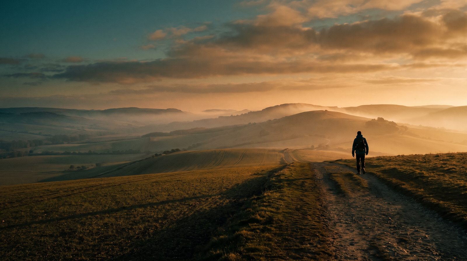 A person walking toward sunrise over open hills