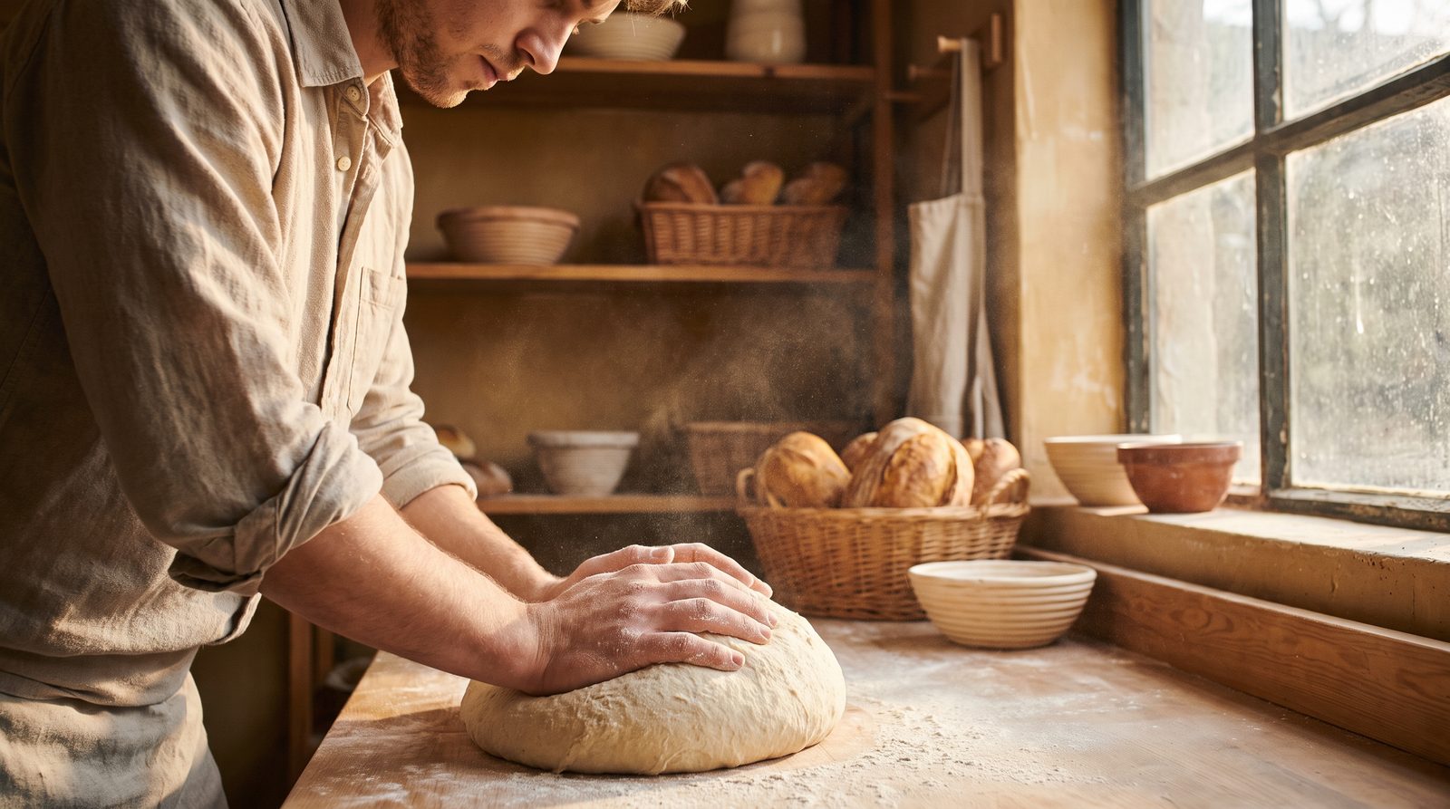 A baker shaping dough in a small workshop