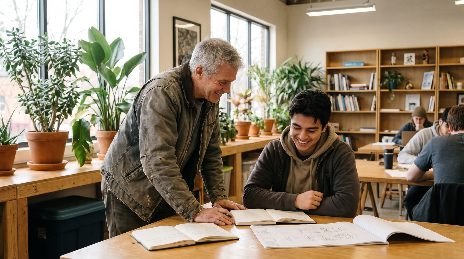 A mentor and an apprentice reviewing a plan together